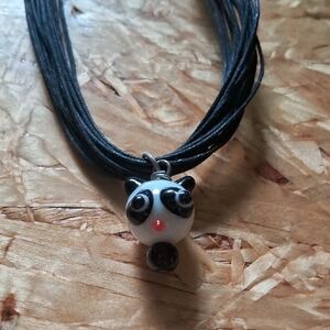 Black Multi-Strand Cord Necklace with Mini Glass Panda